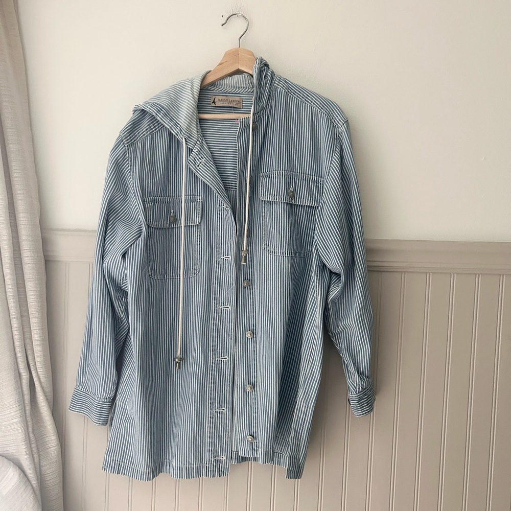 Vintage Marsh Landing Hooded Striped Button Up Light Shirt Jacket 100% Cotton